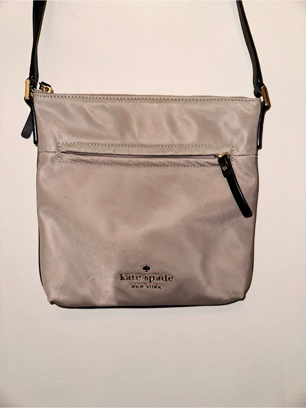 Kate Spade Pewter Gray Nylon Crossbody Bag Black Leather